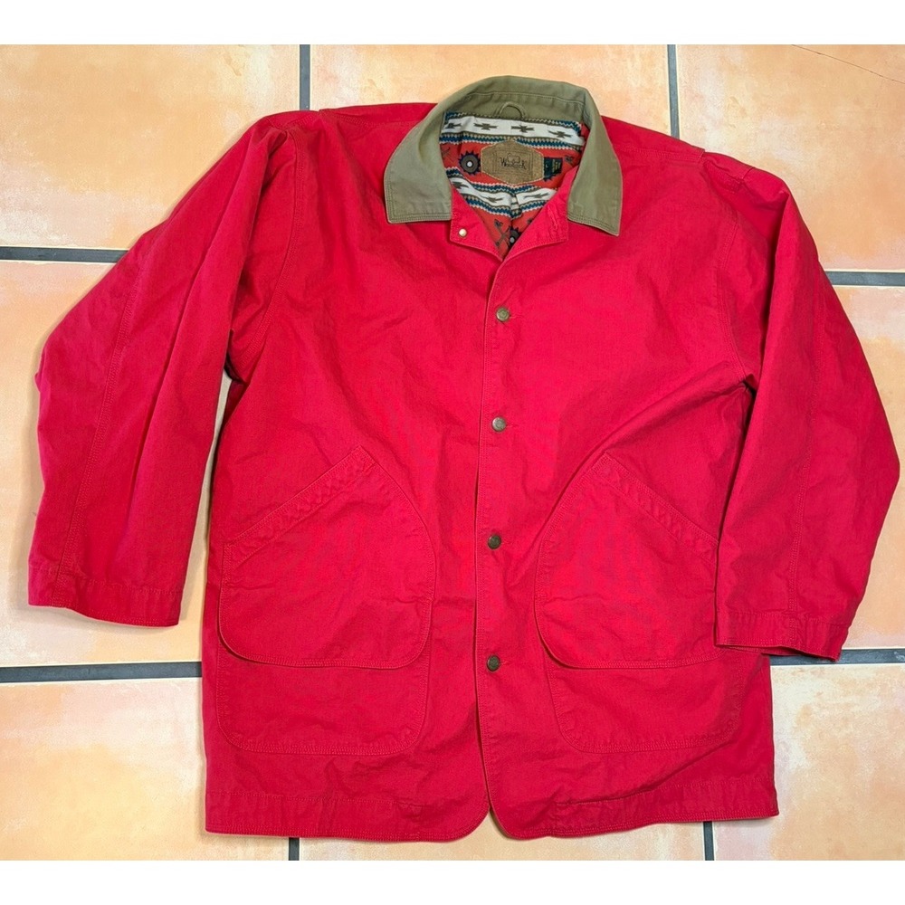 Vintage Woolrich Men's Large Red Barn Chore Coat Jacket Santa Fe Aztec Lining